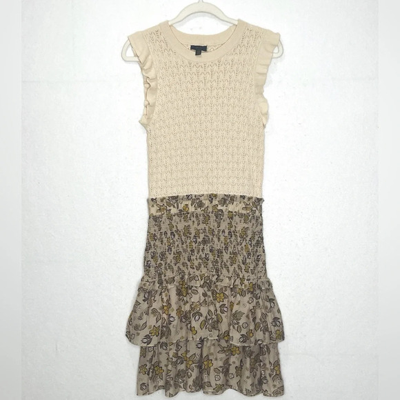 Anthropologie Current Air Sweater Dress Smocked Ruffle Crewneck Floral Knit Mini - Picture 4 of 9